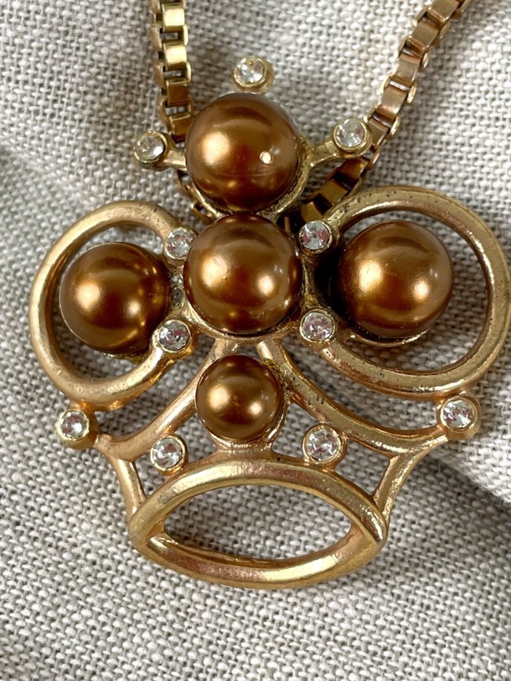 Vintage 1950s Crown Pendant Choker Necklace - Rococo Faux Pearls, Rhinestones